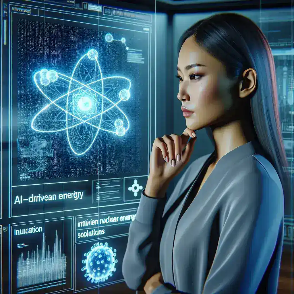 "Tech investor analyzing AI-driven nuclear energy solutions, featuring graphs and AI technology visuals, highlighting the intersection of artificial intelligence and sustainable energy innovation."
